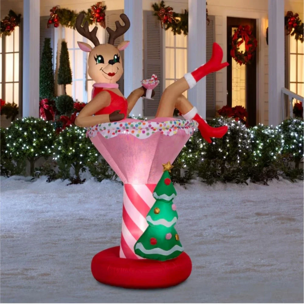 Holiday Living 7-ft Lighted Reindeer Cocktail Glass Christmas Air Inflatable New
